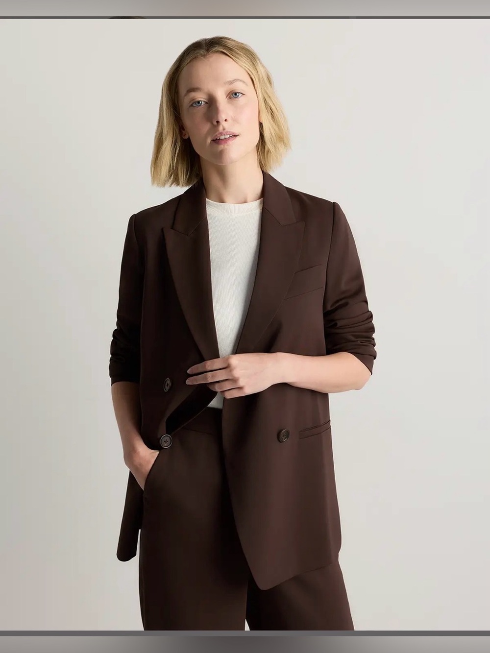 NWT Quince Stretch Crepe Double-Breasted Blazer large Coffee Bean Brown
